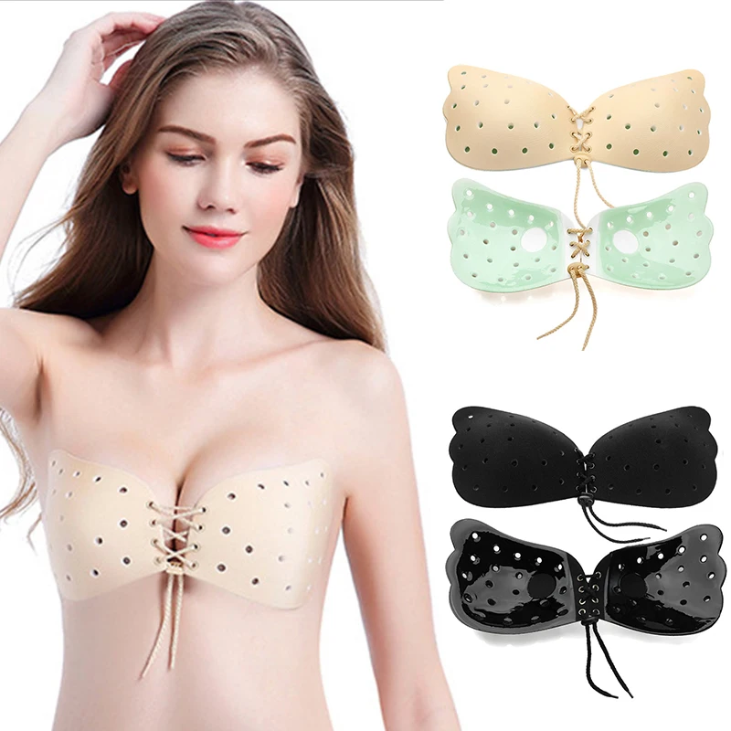 

Small Holes Breathable Push Up Bra Adhesive Chest Sticky Strapless Nipple Covers Drawstring Front Closure Silicone Invisible Bra