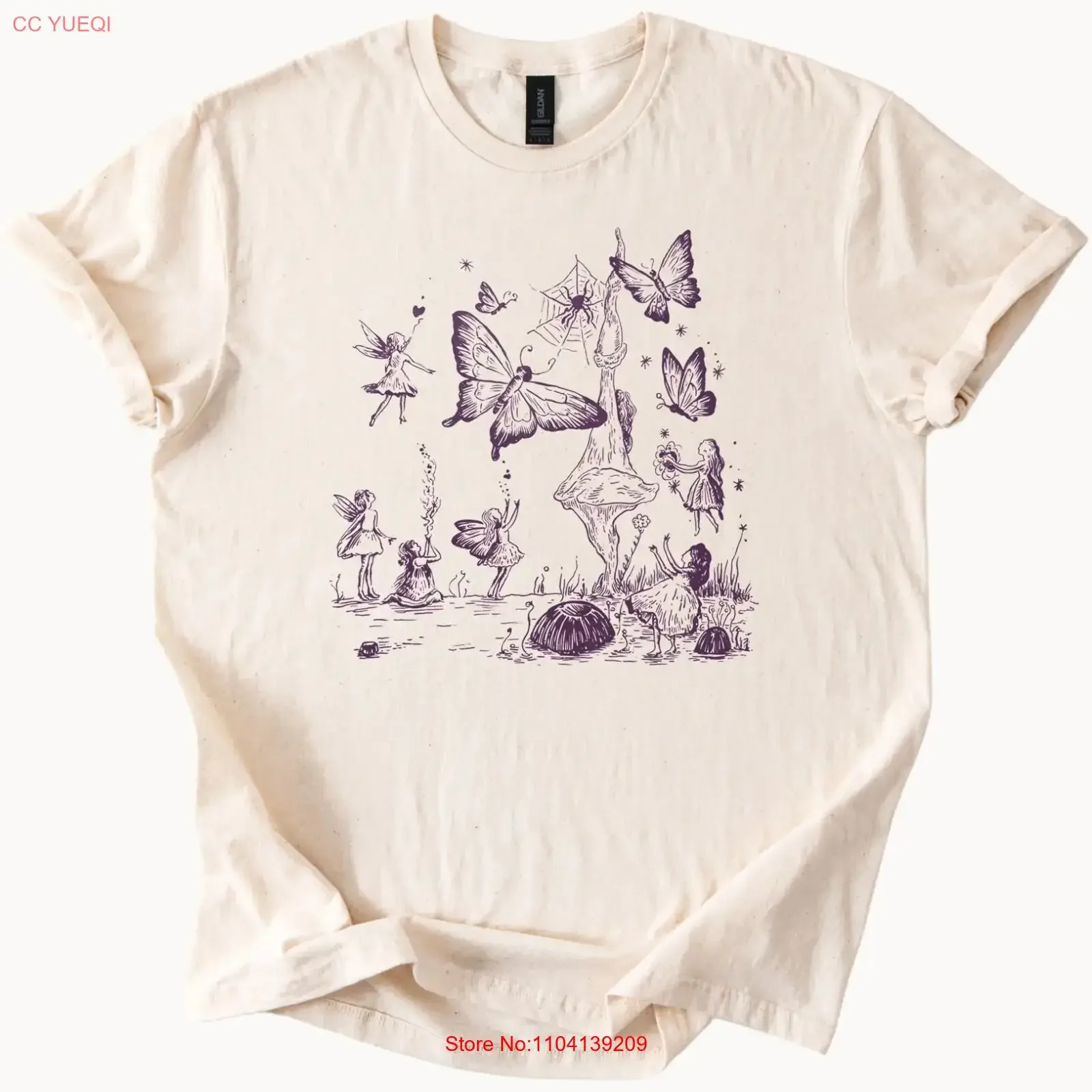 Fairy Garden Mushroom T Shirt with Butterflies and Whimsical Design vintage Washed Casual Comfortable Slightly homme Versatile