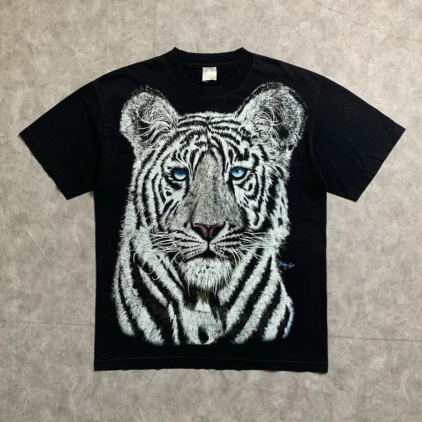 Dark American Retro White Tiger Lazy Style Short Sleeve Black Subculture T-Shirt Top Cotton Breathable round Neck Letter Pattern