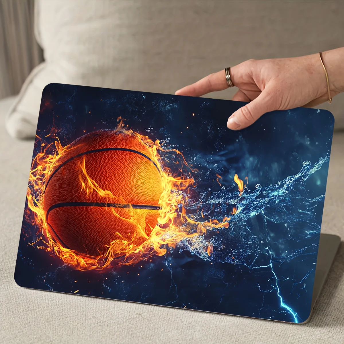 2Pcs Basketball Flame Pattern Laptop Sticker - Waterproof, Scratch Resistant PVC Skin for Laptops and Cars, Non-Reusable