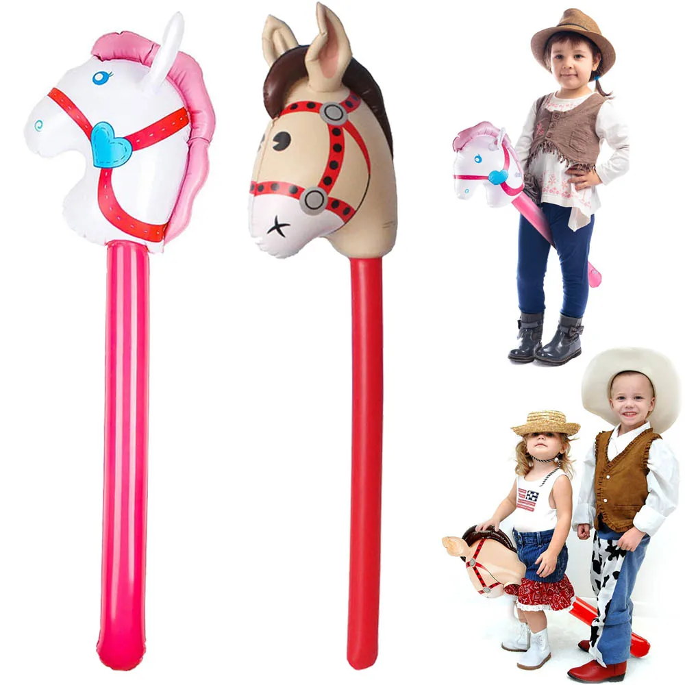 4pcs 40Inch Inflatable Stick Horse Inflatable Horsehead Stick Balloon for Cowboy Cowgirl  Theme Birthday Party Decoration Supply