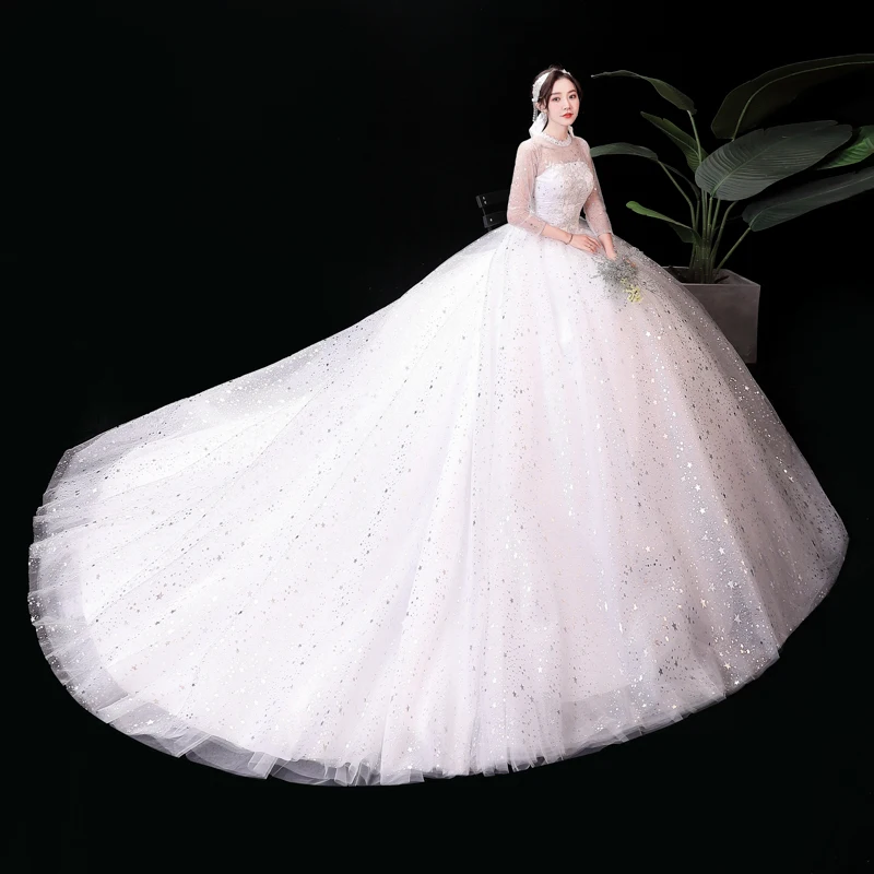 Robe de mariée blanche en Organza et Tulle, col rond, balayage des trois quarts, traîne brodée, # XXN-155