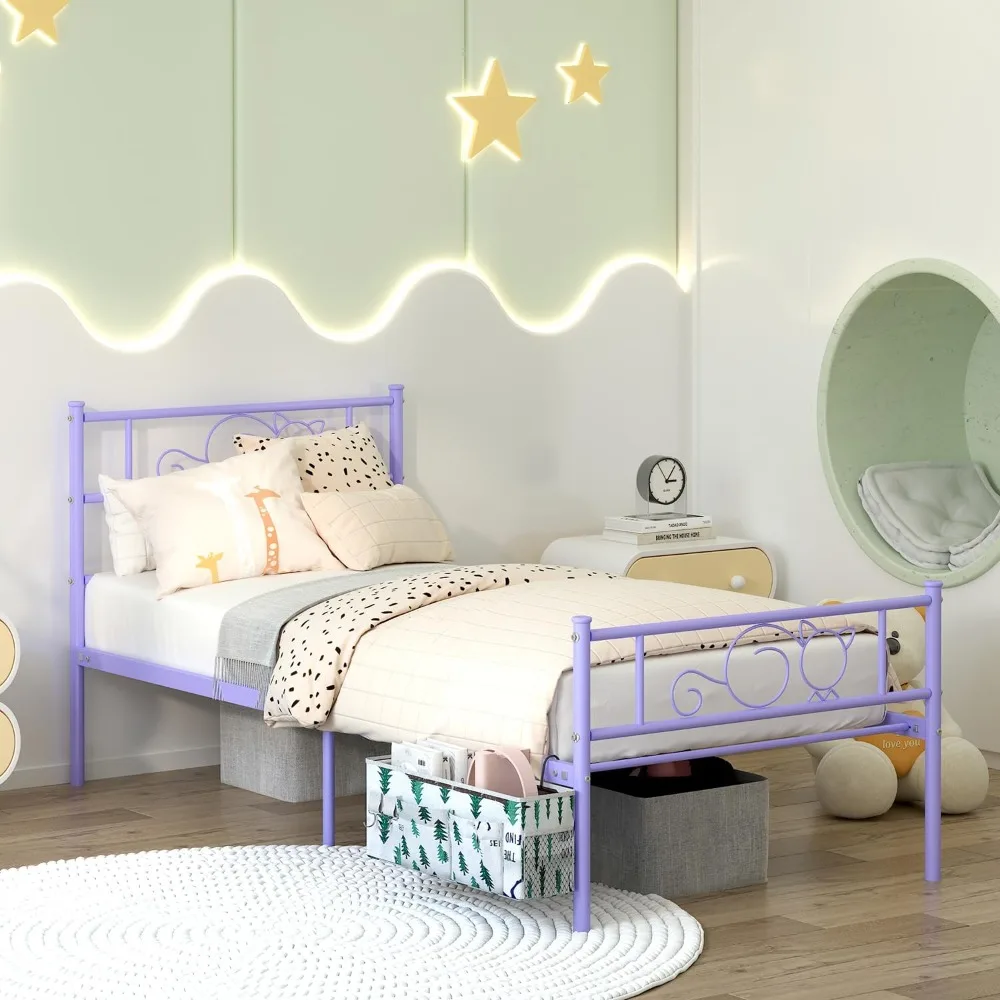 إطار سرير معدني بحجم مزدوج أرجواني من GIME للأطفال/الفتيات/المراهقين/الكبار، سرير بمنصة بتصميم قطة لطيفة مع حقيبة تخزين معلقة، مقاس M قوي #3
