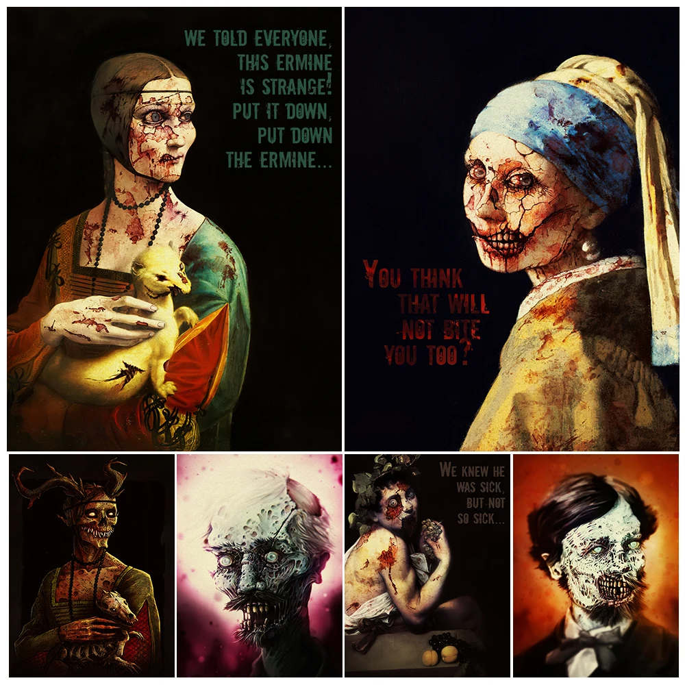 Girl With Pearl And Lady With Ermine Zombie Canvas Wall Art The Combination Of Famous Paintings & Zombies Art Poster Print Decor