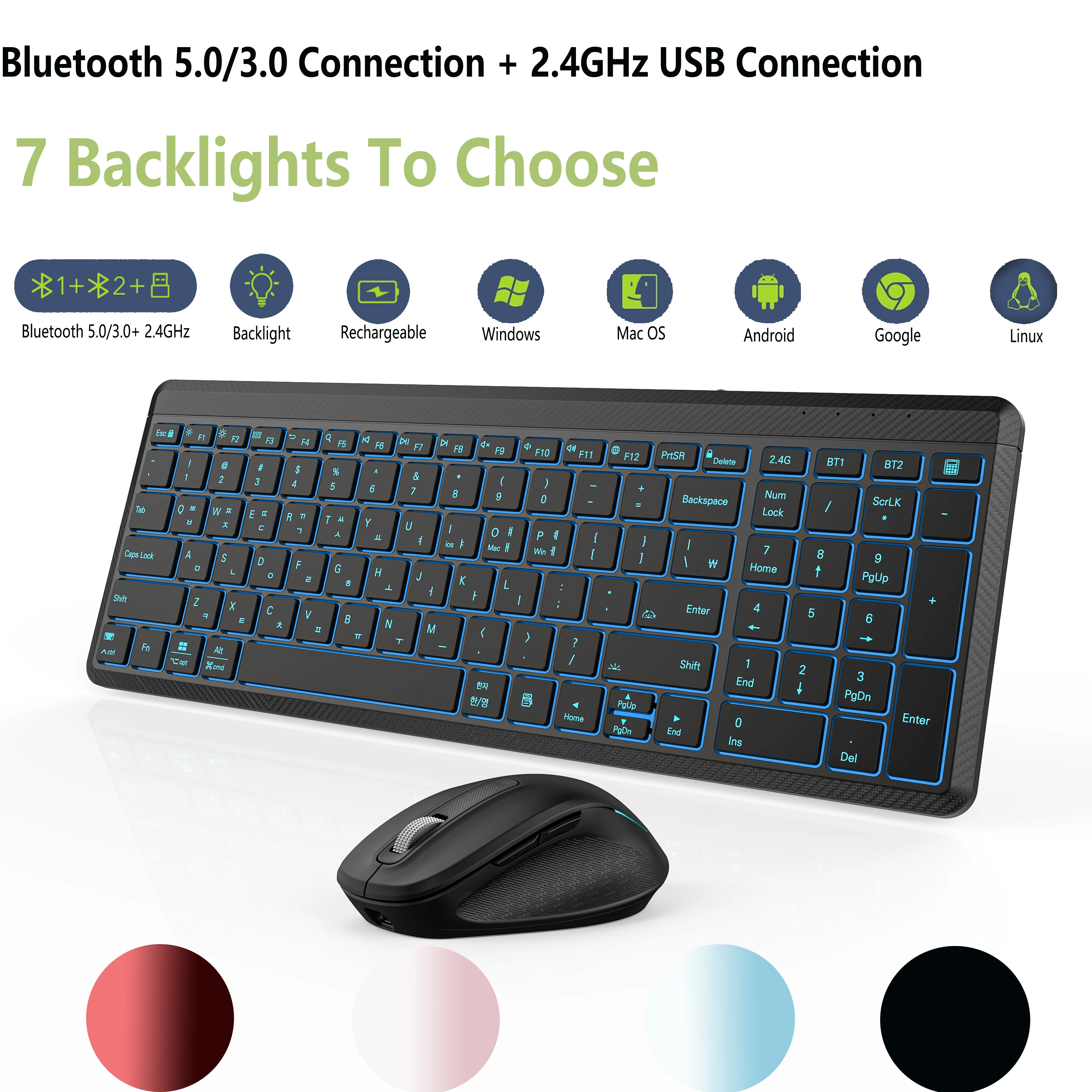 Compact Wireless Bluetooth Mouse Keyboard Set Ultra Silent 7 Backlights RGB Rechargable 2.4G Optical Mouse For Laptop/MacBook