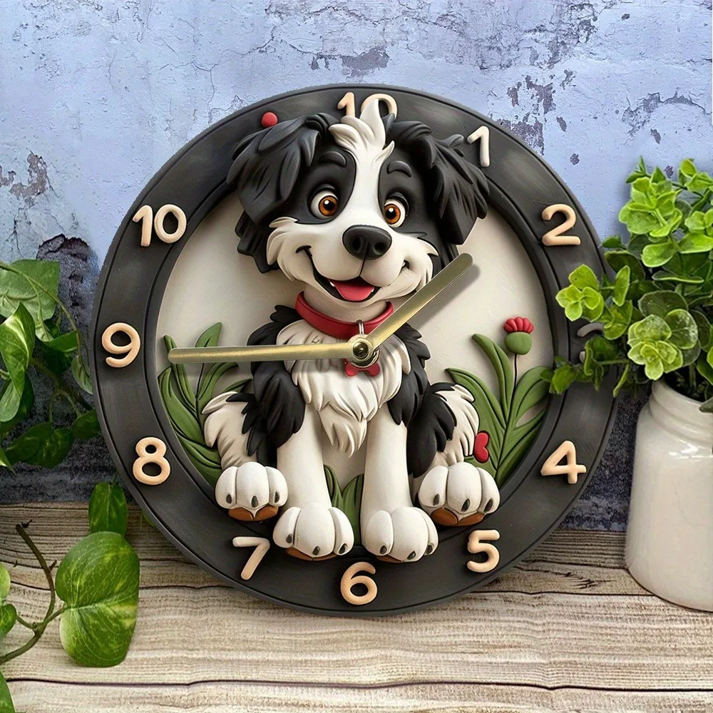 A wooden wall- clock featuring an adorable dog design. Ideal for home or office. Operates with AA