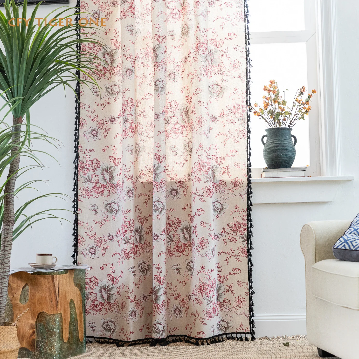 

Cotton Linen Peony in ink Window Curtain with Tassels Blackout Valance for The Luxury Living Room Curtains for Living Room