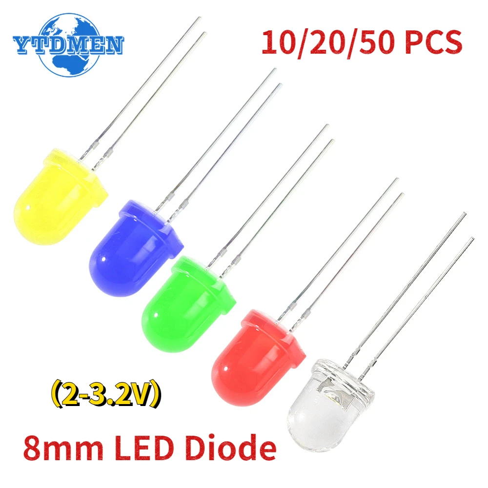 10/20/50pcs LED Diode 8mm White/Yellow/Green/Red/Blue Light Lamp Emitting Diodes Kit High Brightness 2- 3.2V