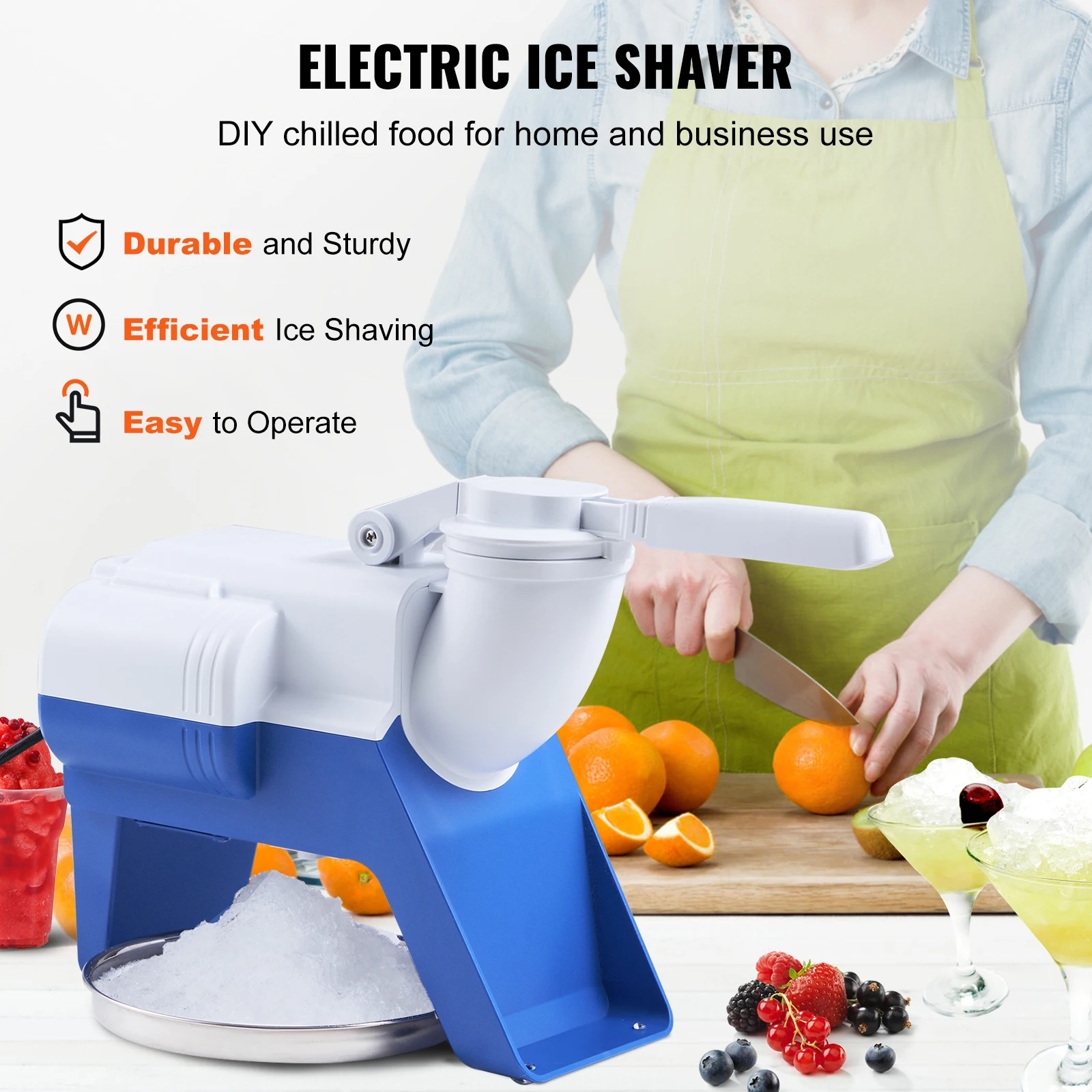 VEVOR 220W Ice Crushers Machine 176lbs/H Electric Snow Cone Maker with 2 Blades Shaved Ice Machine with Cover and Bowl for Home