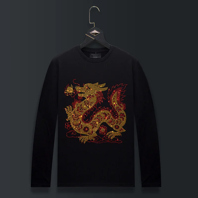 Plus Size Long Sleeve T Shirts Men Fashion Streetwear Chinese Dragon Rhinestones O Neck Mercerized Cotton Tshirts Mens Clothing