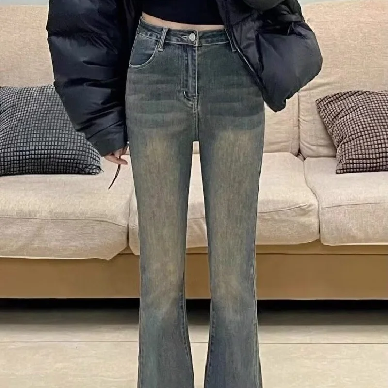 

American retro micro flared jeans for women 2025 new style spicy girl high waist slimming wide leg elastic floor dragging horses