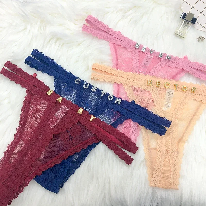 M L XL Size Custom Name Panties Crystal Letters Personalised Thongs Women Lace Bikini G-String Girlfriend Birthday Hotwife Gift