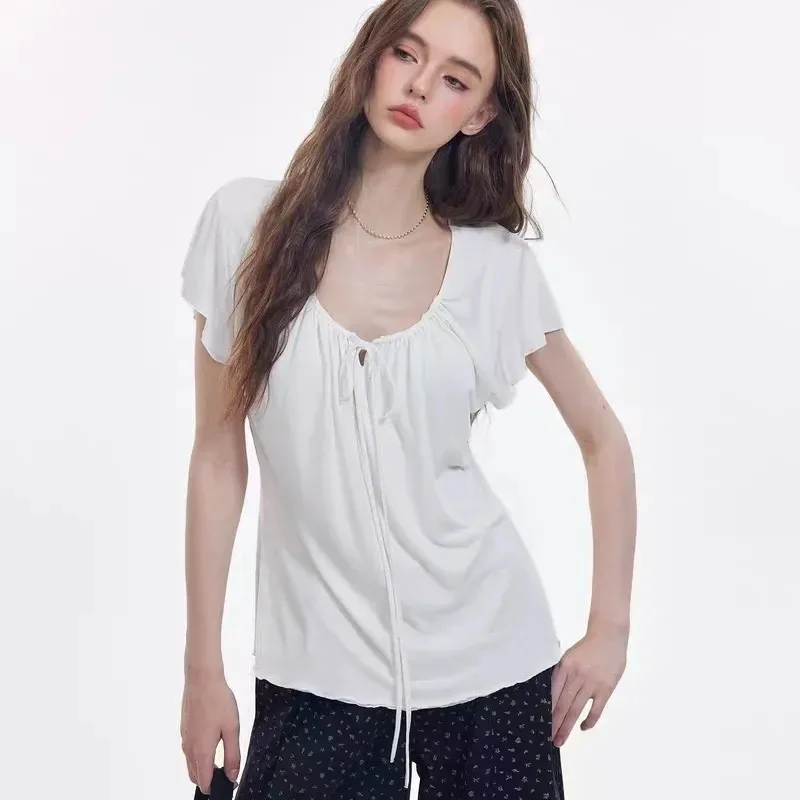 Somenie Women's T-Shirt Bestsellers - Relaxed Resort-Friendly Pockets with Shoelace Design Slimming Short Sleeve Top