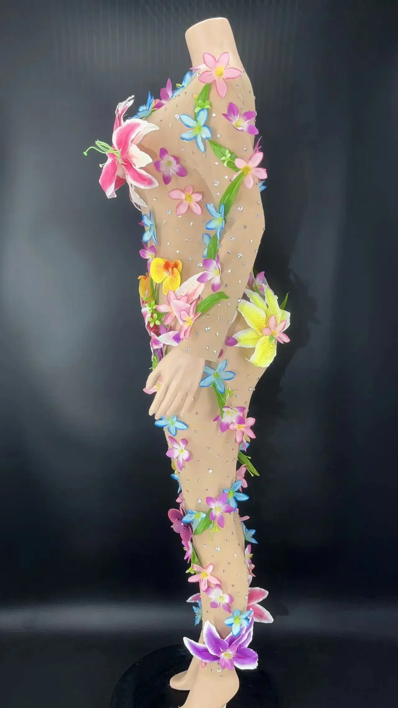 Sexy vedere attraverso la tuta a fiori discoteca festa performance costume abbigliamento da palcoscenico regalo da donna di lusso