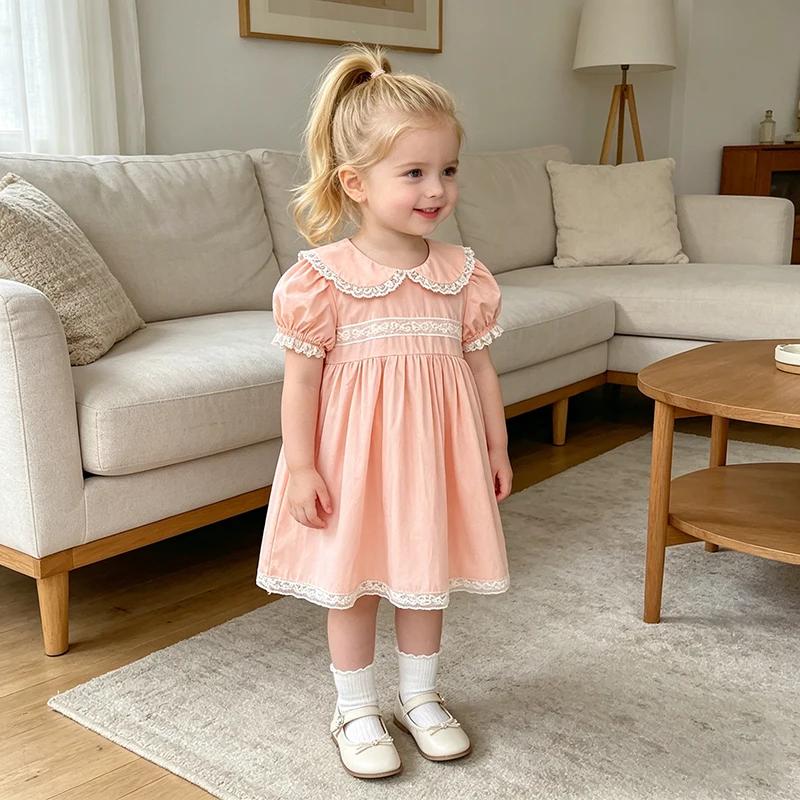 2026 Neue Sommer 2-6 Jahre Kinder Prinzessinnen-Kleider mit Kurzen Ärmeln Einfarbig Schwesterkleidung Baumwolle Baby Geburtstagsparty Spitzenkleid