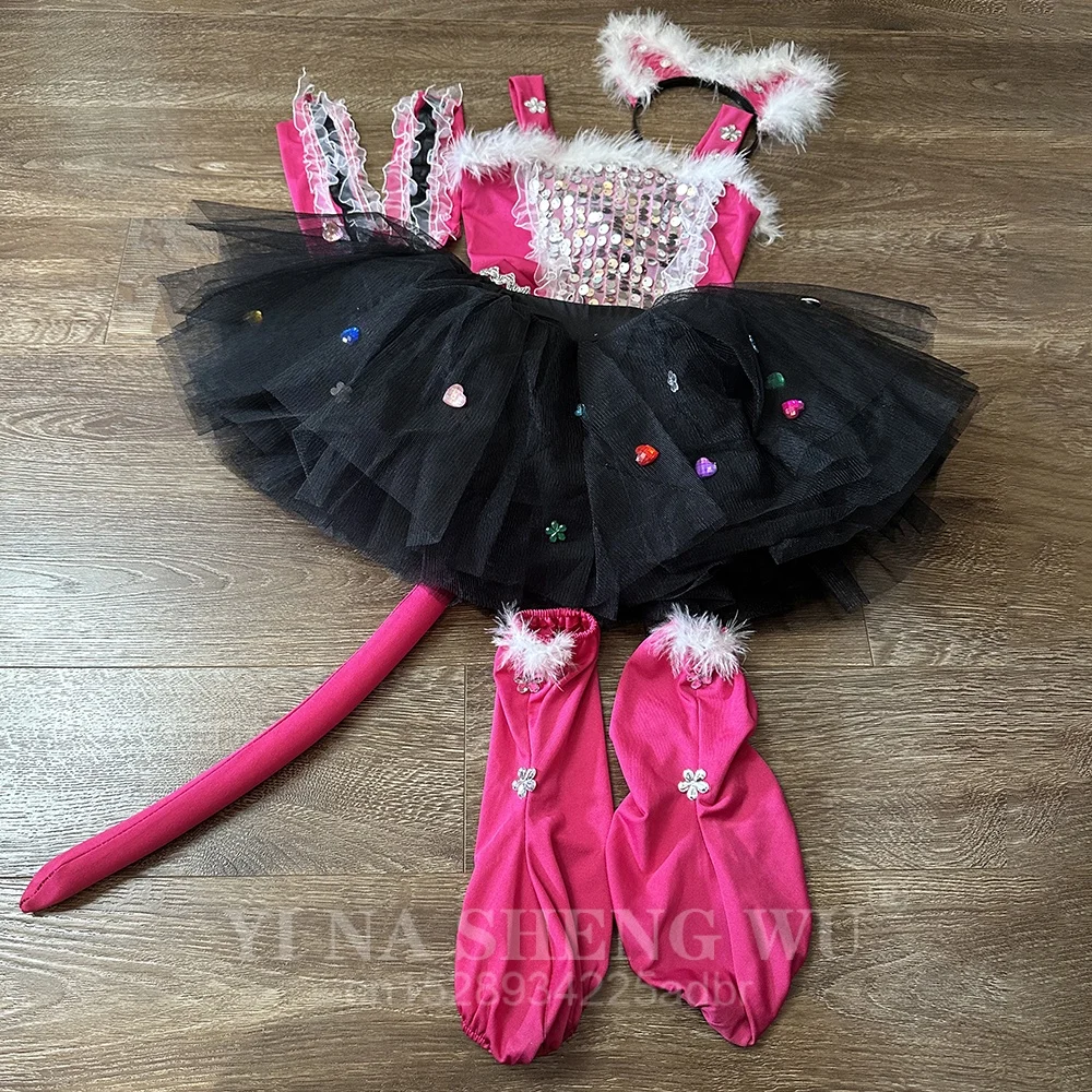 5Pcs 새끼 고양이 고양이 댄스 소녀 할로윈 의상 현대 무용 의상 어린이 무대 의상 소녀를위한 현대 무용 재즈 의상