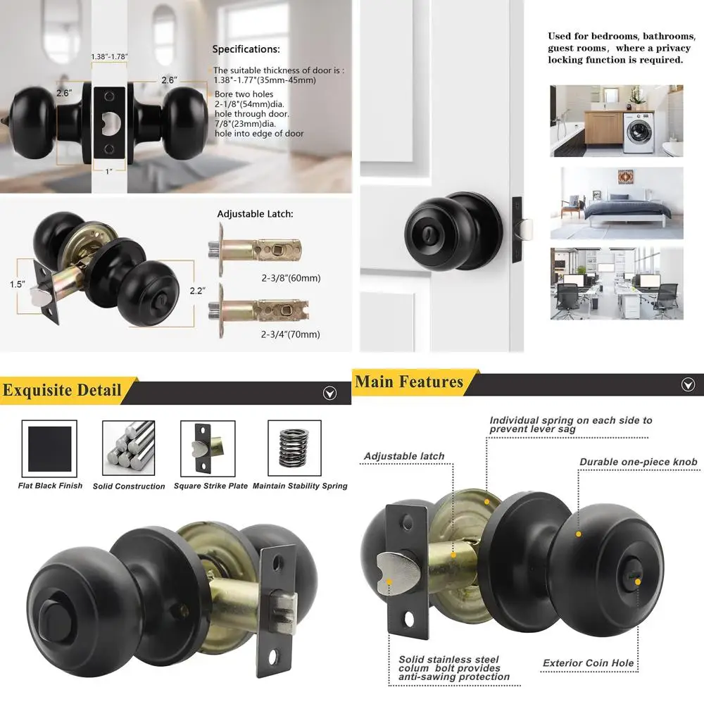 

10-Pack Interior Door Handles with Privacy Function, Matte Black Finish, Suitable for Bedroom and Bathroom