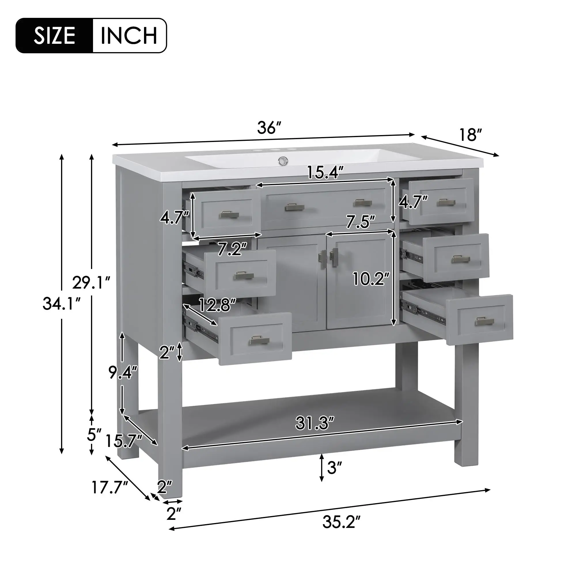 36'' Modern Bathroom Vanity with Top Sink, Soft-Close Doors & Drawers, Stylish Storage Cabinet