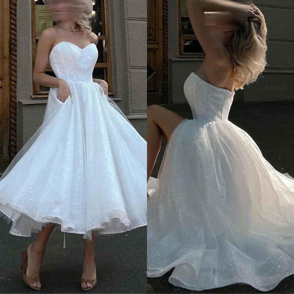 

Customized Simple White Organza Sweetheart Wedding Dress Short Evening Dress Modern Style Tea Length A-Line Robe de mariée