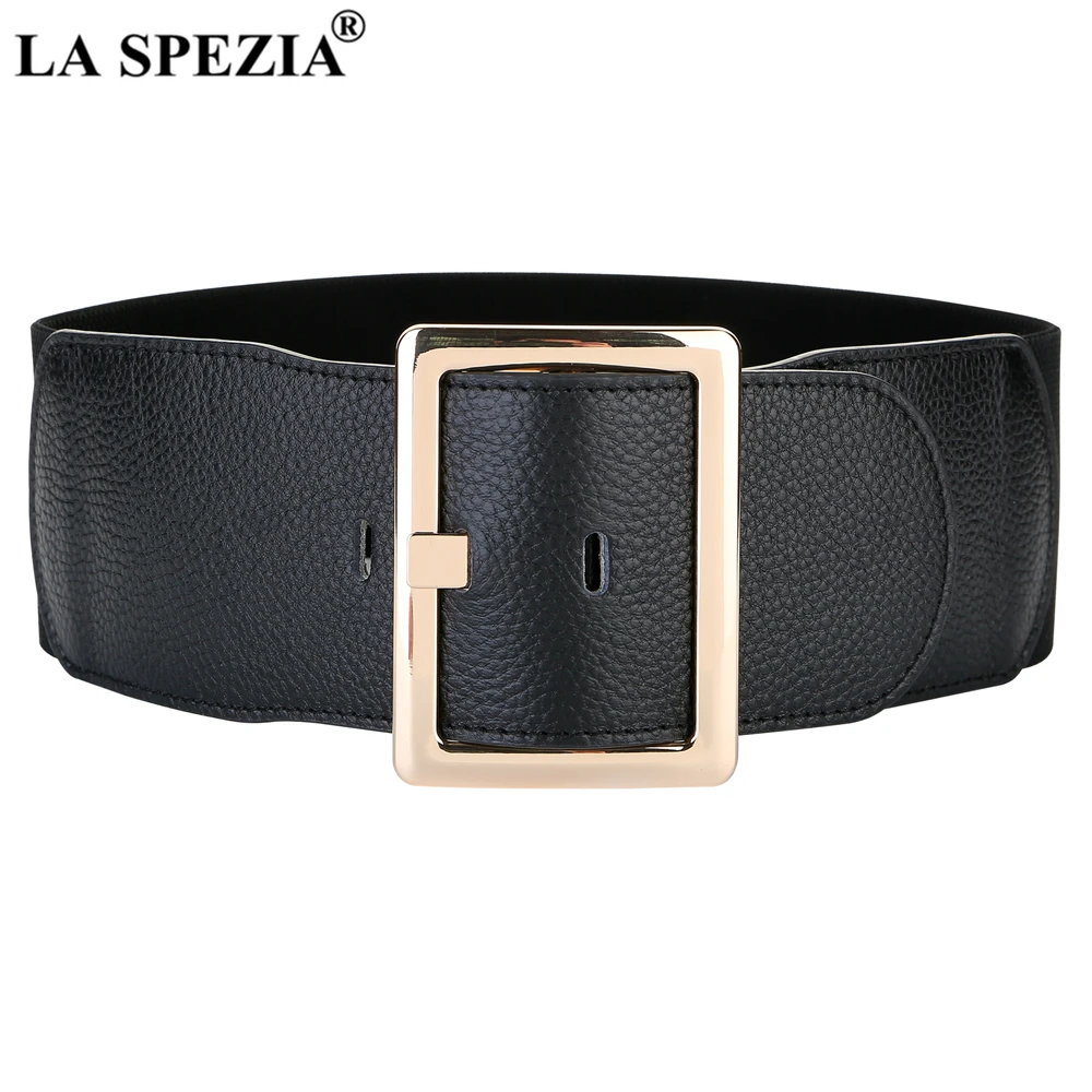 

LA SPEZIA New Design Black Wide Waist Belt Genuine Leather Cummerbunds for Women Golden Buckle Cowskin Women Belt for Dress
