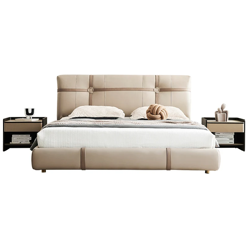 # Luxury Rectangular Grid Leather Bed for Bedroom, Stitched Leather Upholstery with Plush Detail & Sleek Modern Aesthetic