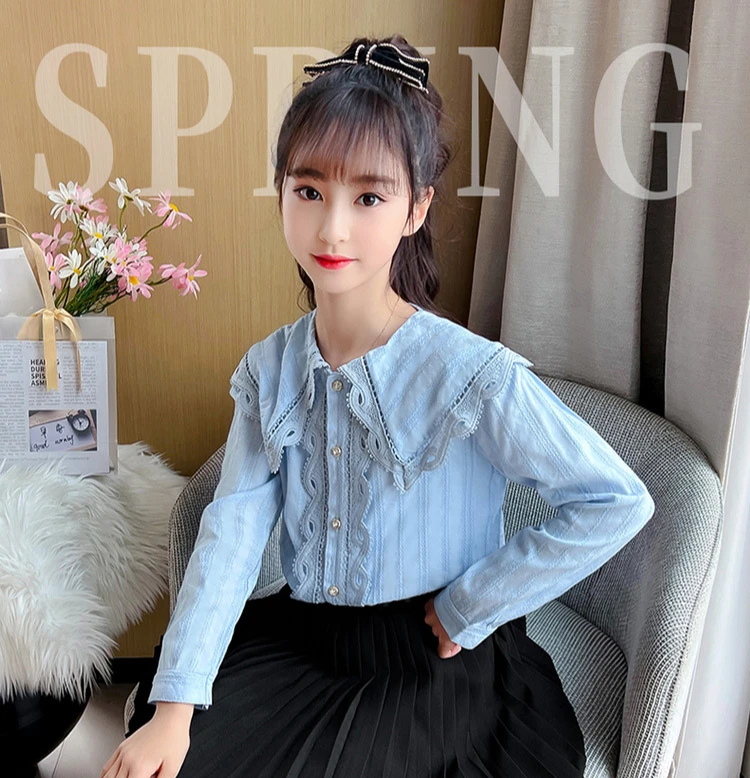 Girls Blouses Children 2024 New Autumn Collection White Blue Simple Casual Fashion Shirt Korean Simple Style Top Clothes