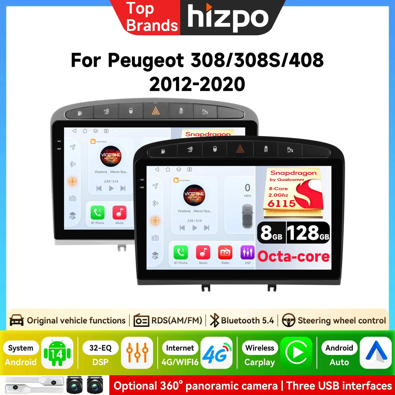 Hizpo 9 Zoll Autoradio für Peugeot 308 408 2012-2020 CarPlay Android Auto Multimedia-Player GPS 2din Autoradio BT RDS Haupteinheit