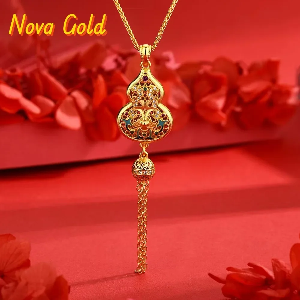 NovaGlod 24K real gold Chinese style diamond inlaid with Miaolian Fulu tassel enamel au999 pure gold gourd pendant necklace for
