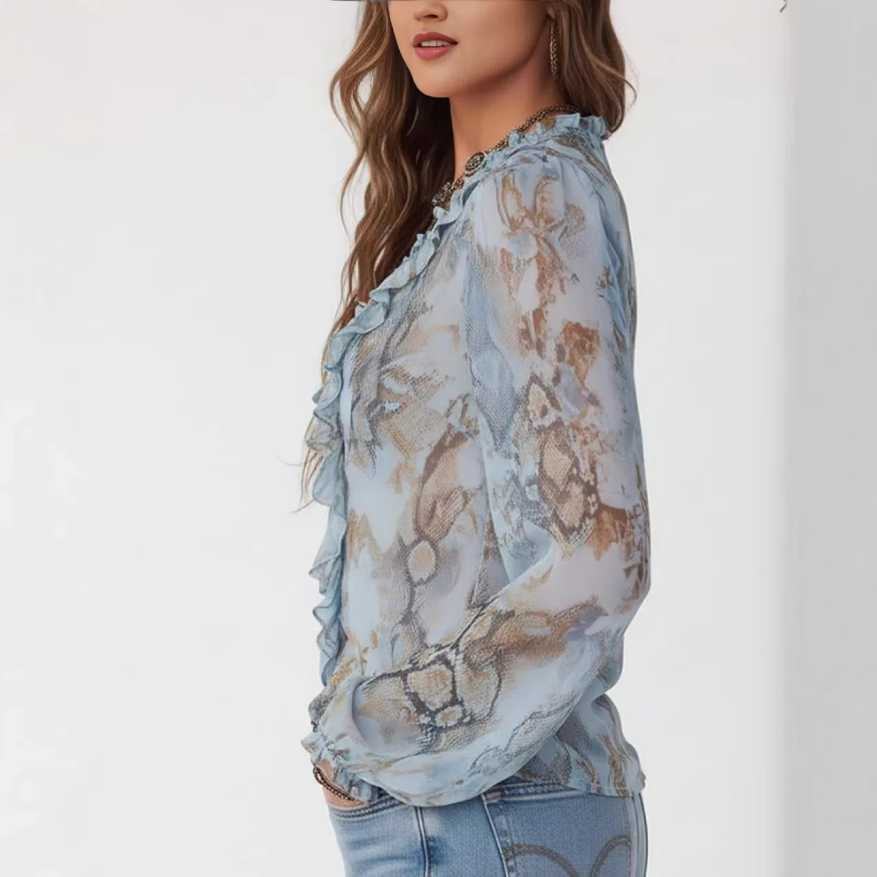 Women Snake Print Sheer Blouse Ruffle V Neck Zip Front Long Puff Sleeve Chiffon Shirt