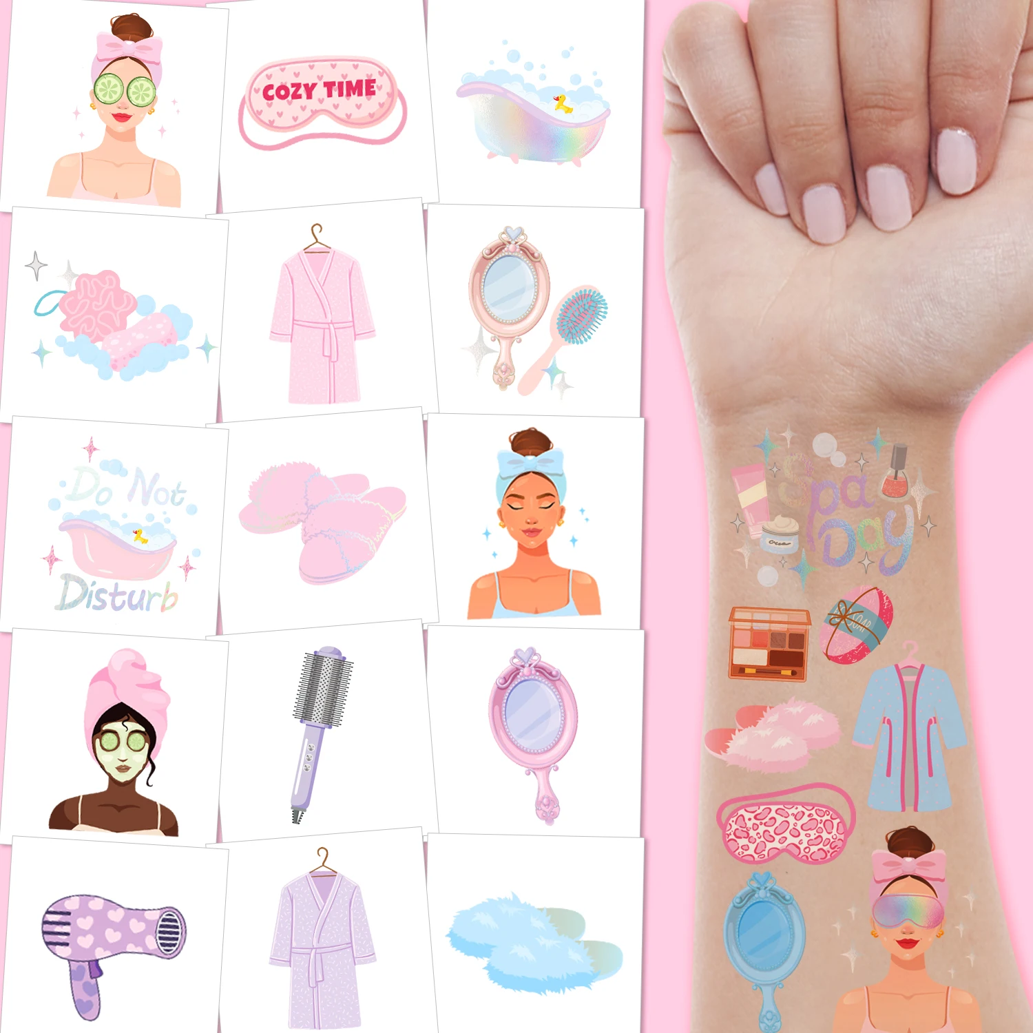 

Spa Party Temporary Tattoos.Perfect for Pajama Parties,Self-Care Gift Bags - Cute Decorative Accessories for Overnight Events