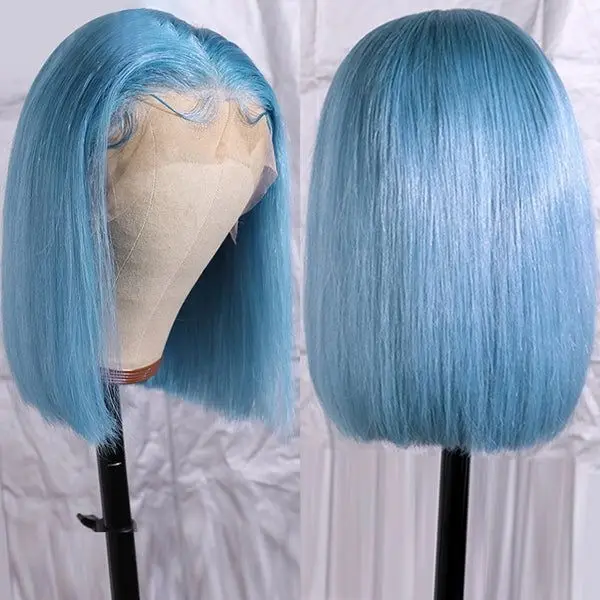 Perruque Lace Front Wig synthétique courte et lisse bleu clair, à la mode