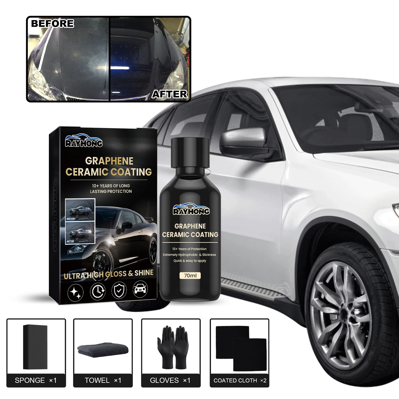 Rayhong Car Graphene Ceramic Coating: Dual-Material Composite Protection, Scratch & Scuff Resistance, Long-Lasting Paint Gloss