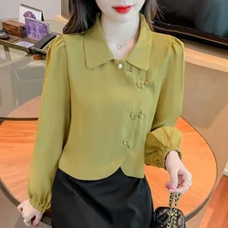 Women Spring Autumn Style Blouses Shirts Lady Casual Long Sleeve Chinese knot Button Solid Color Short Blusas Tops ZZ1610