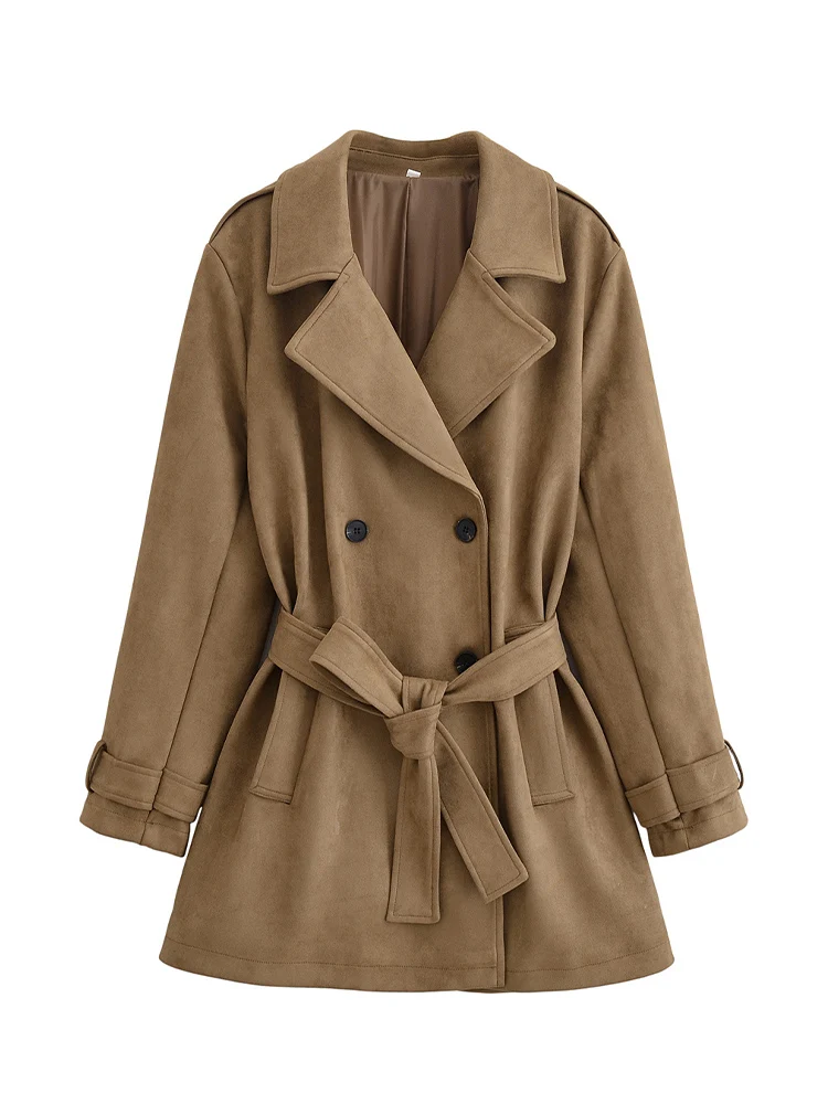 

European style new women's fashion versatile temperament pocket decoration suede effect waist windbreaker jacket