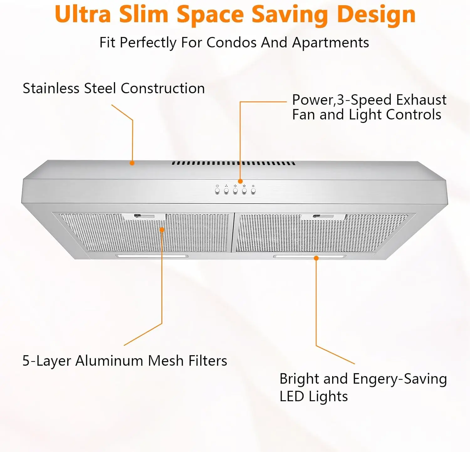 Aço inoxidável sob armário Range Hood, forte sucção para duto, Ductless Convertible, Cozinha