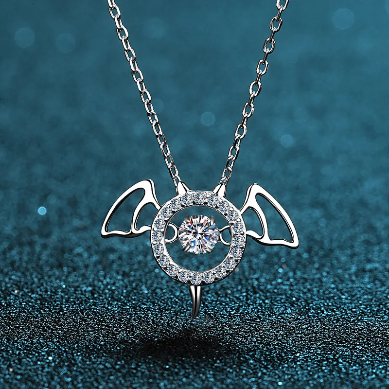 S925 Sterling Silver Moissanite Necklace, Female Demon Necklace, Plated with Pt950 Gold Bone Chain