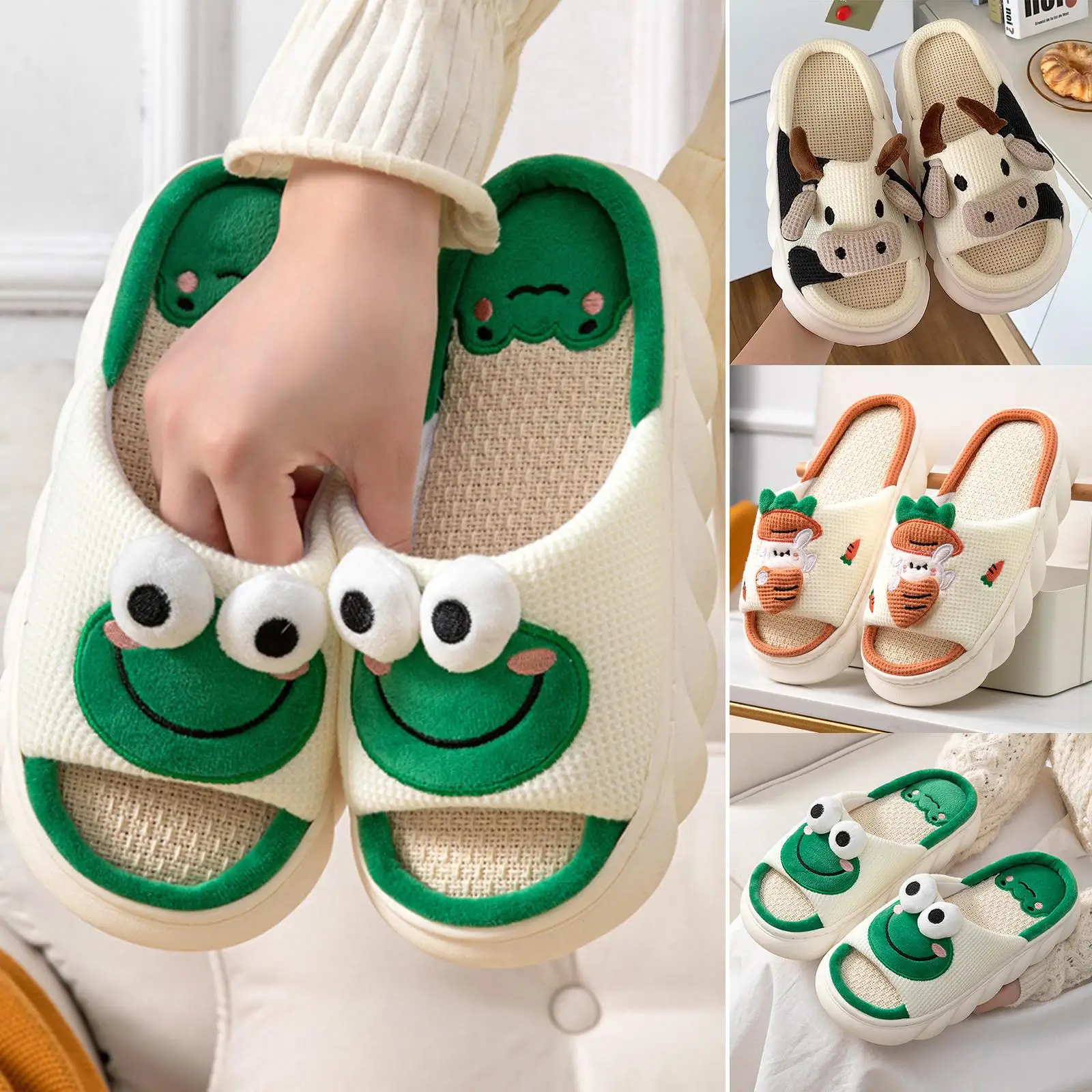 Cartoon niedlichen Frosch Leinen Hausschuhe für Frauen dicken Boden Home Schuhe Baumwolle Leinen Paar Indoor Hausschuhe lustige männliche Home Slides