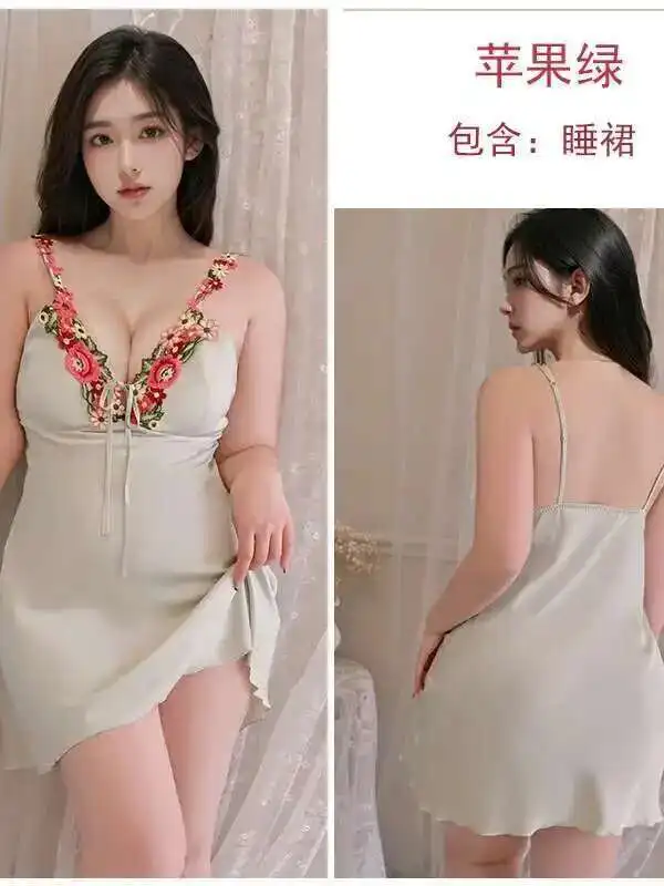 Glatter Eispyjama aus Seide mit tiefem V-Ausschnitt und Brustmatte, reine bestickte Spitze, großes Schlafkleid, elegant, bequem, FRD5