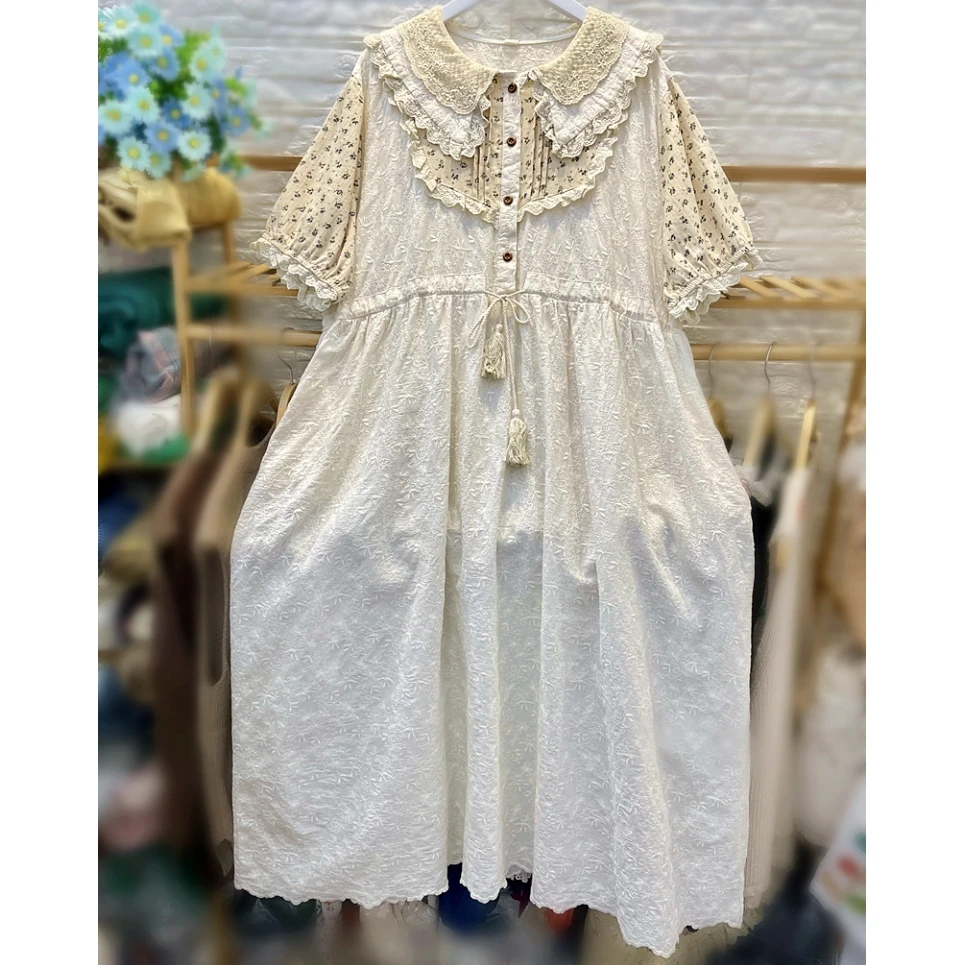 Women Cottagecore Patchwork Cotton Lace Embroidery Midi Dress 2025 Vintage Retro Shabby Chic Rococo Lolita Mori Girl Long Dress