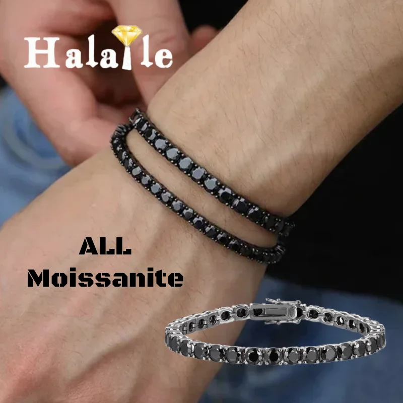 

Halaile 0,1-1CT полный черный муассанит из настоящего стерлингового серебра S925 теннисный браслет ювелирные изделия хип-хоп вечерние подарок для мужчин женщин