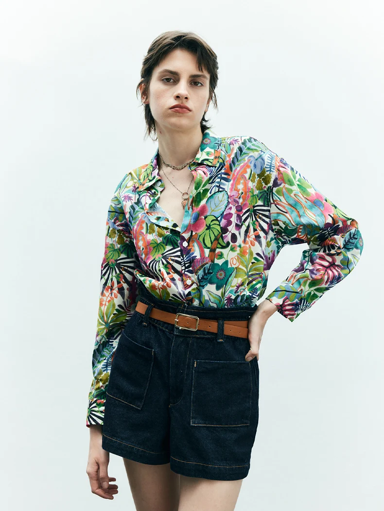 SuyaDream Woman Floral Printed Shirts, 100%Cotton, Turn Down Collar, Casual Blouses, 2024 Spring Summer Top