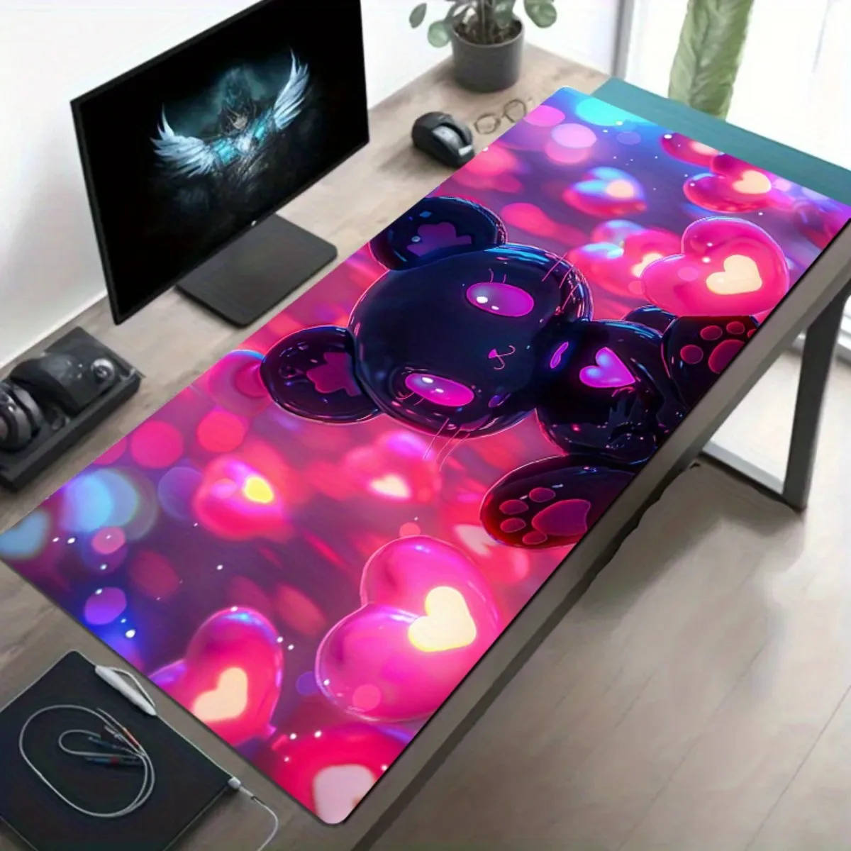 

Неоново-розовый коврик для стола с черными кошачьими лапами и сердечками, резиновый, для офиса, игр, подарков на Рождество и день рождения