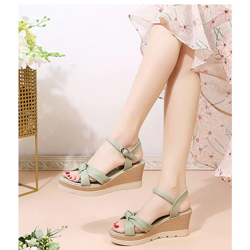 New 2025 Summer Shoes Women High Heels Sandals Wedge Heel 7cm Summer Holiday Platform Wedges Green Beige DX347