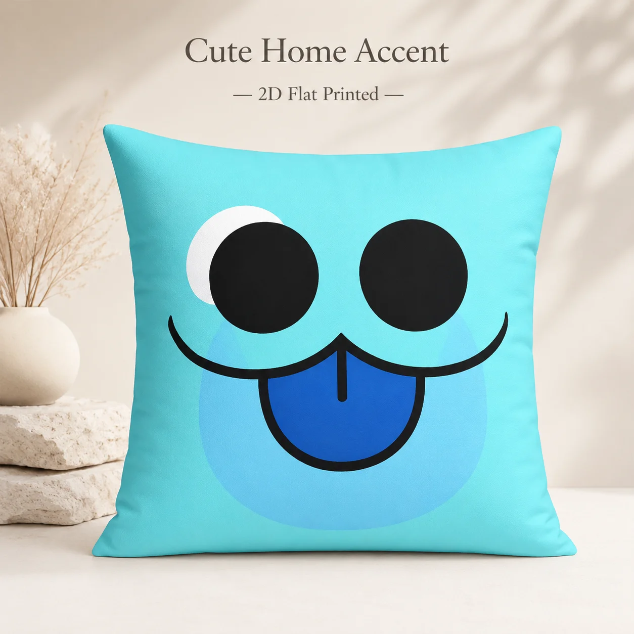 

Cute Cartoon Blue Monster Pillowcase Kawaii Smiling Face Peach Skin Cushion Cover For Kids Room Bedroom Sofa Decor