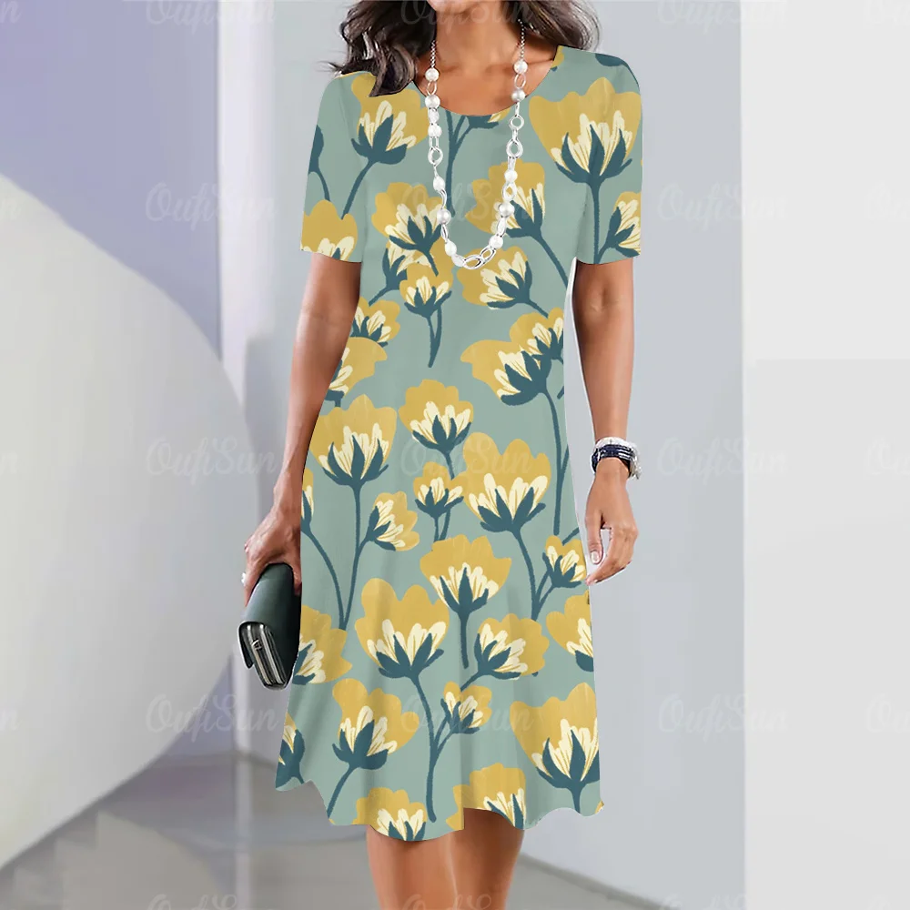 

Summer Woman Clothing Dresses Retro Flowers Printed Short Sleeve Elegant Women's Dress Female Party Long Dress Pullover 2024 New