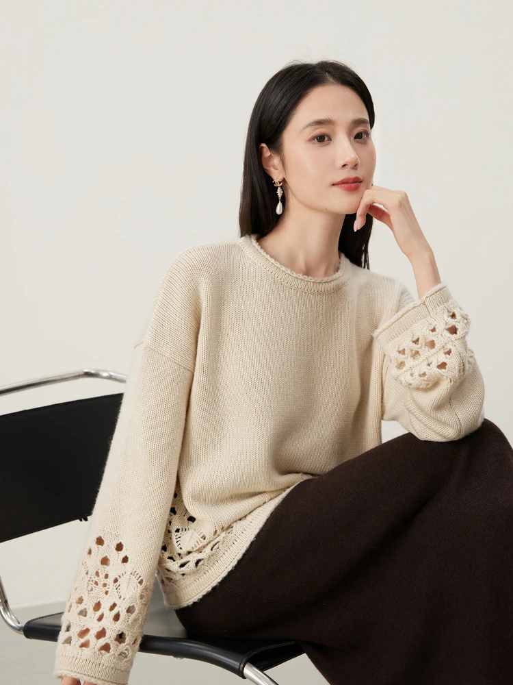 

Chic Hollow out Knitted Sweater Women's Loose Fit Sle Early Autumn Hook Needle Crt Cold Tone Versatile Lazy Sle Top