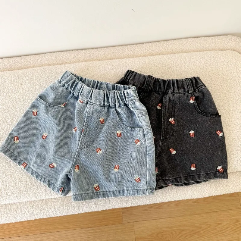 New Summer Children's Denim Shorts Embroidered Popcorn Casual Knee-lemgth Pants Boys Girls Elastic Waist Loose Shorts