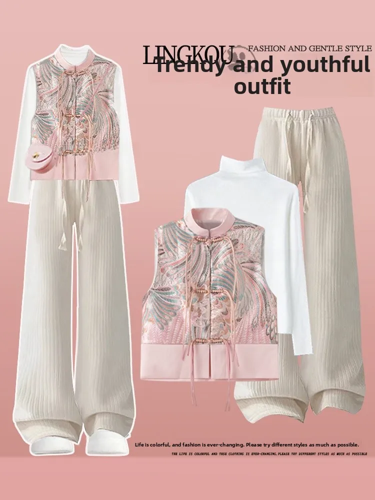 

Весенний женский комплект больших размеров в новом китайском стиле: приталенная базовая рубашка с длинным рукавом и V-образным вырезом, повседневные брюки, комплект из трех предметов