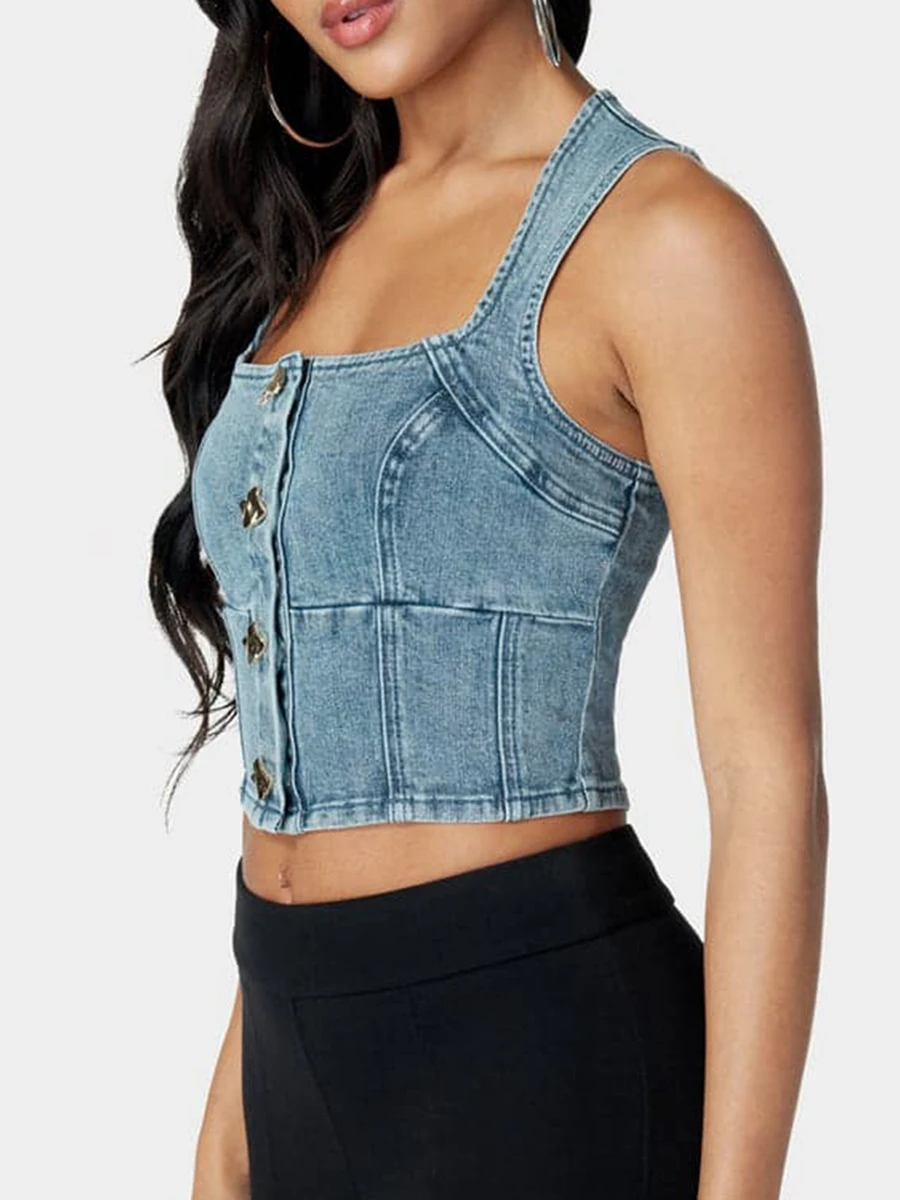 Camiseta sin mangas de mezclilla para mujer, chaleco sin mangas con cuello cuadrado y cierre de botones, ropa de discoteca de verano sólida