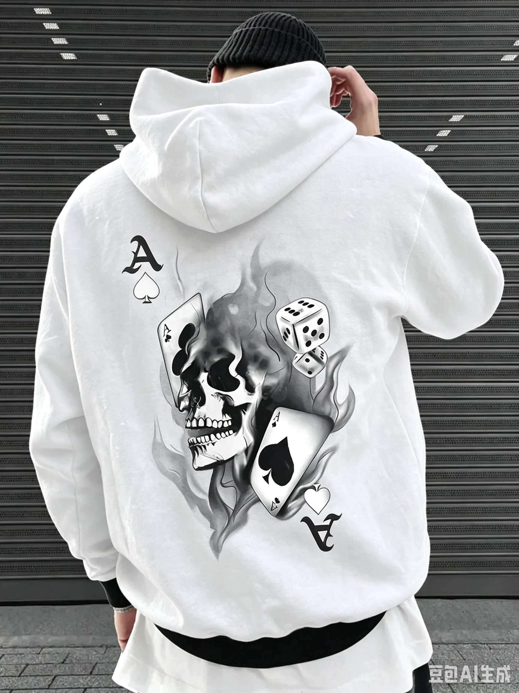 Jagged and Dice Print Men Hooded Sweatshirt Autumn Winter Daily Outdoor Sports Loose All Build Fitness Leisure Warm Street Style
